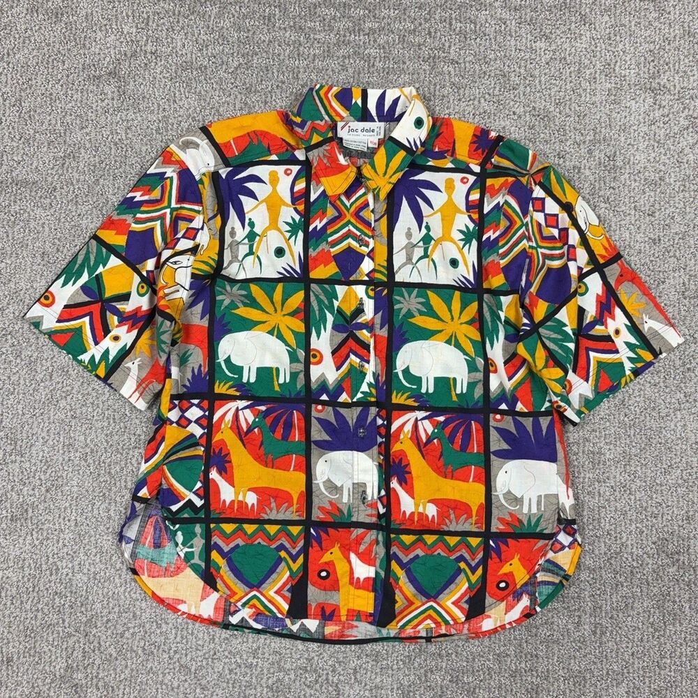 Vintage Jac Dale Shirt Womens 8 Multicolour Cotton Safari Animal Button Funky